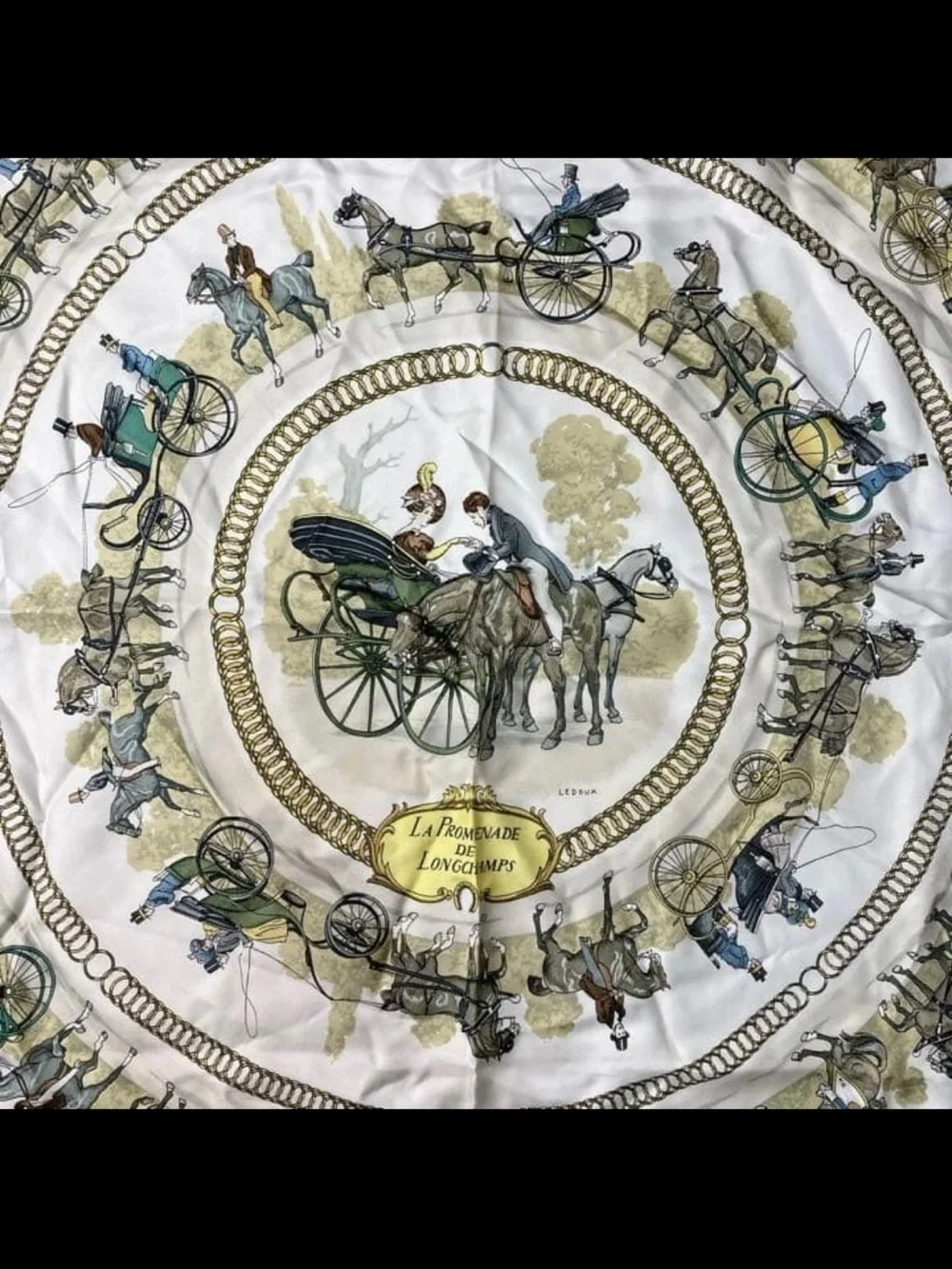 Hermes Royal Blue, White & Gold Carriage Silk Scarf